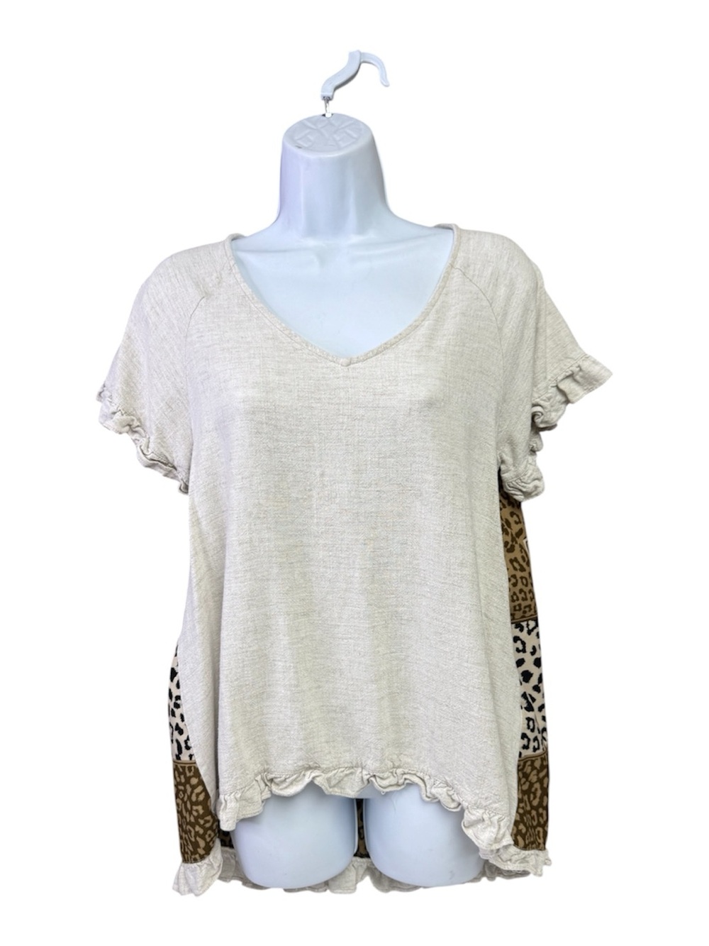 JODIFL Cream V-Neck Tunic with Leopard Back Panels size medium